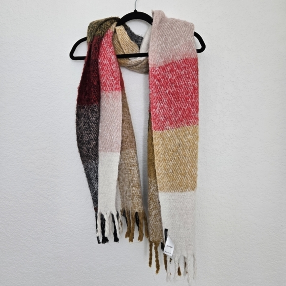 Lucky Brand OS Thick Knit Plaid Scarf Colorblock Fringe Ivory Pink Red